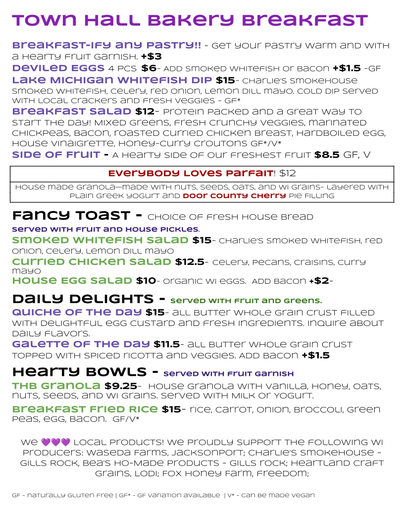 Town Hall Bakery and Daily Special Cafe menu board