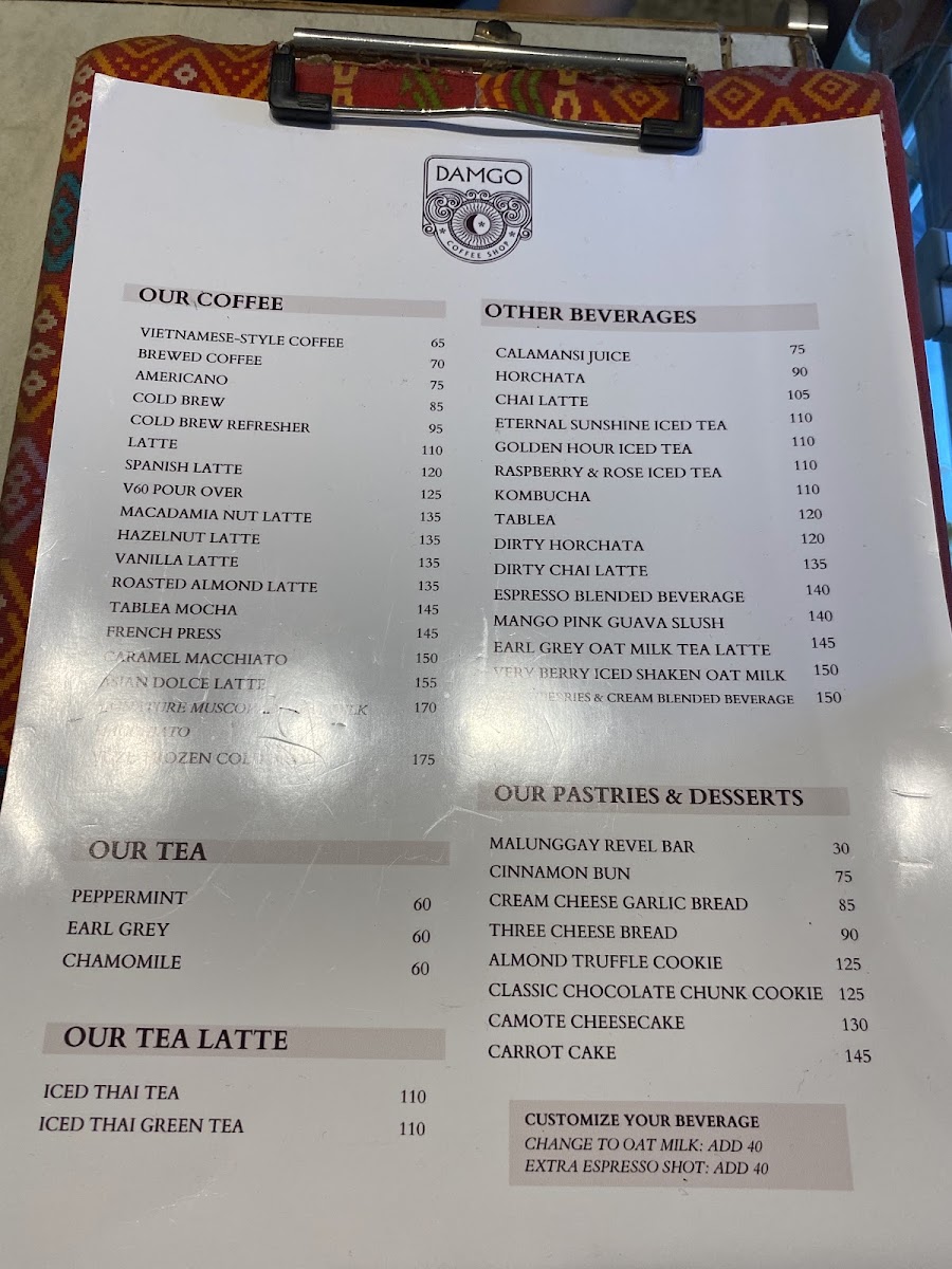 Damgo Coffee Shop menu board