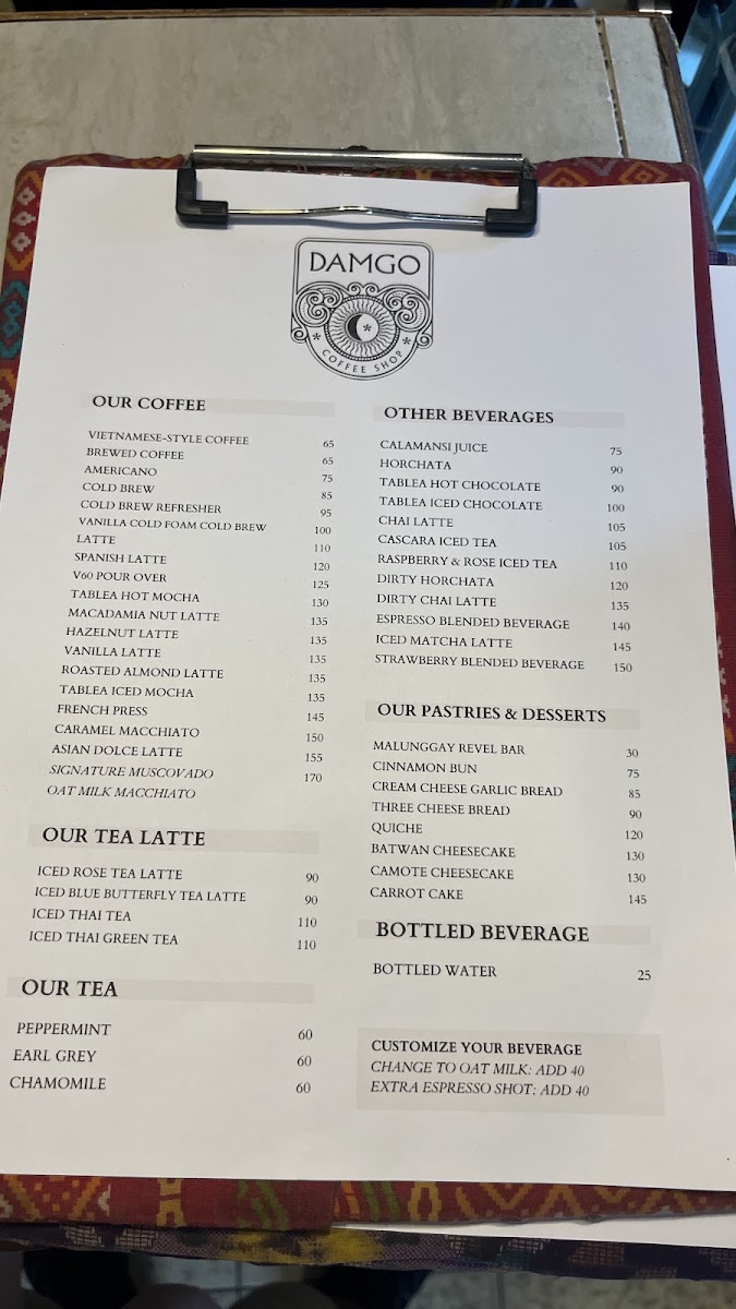 Damgo Coffee Shop menu board