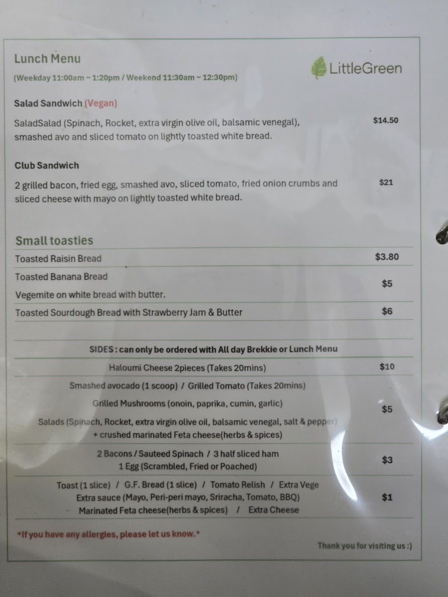Little Green Cafe menu board