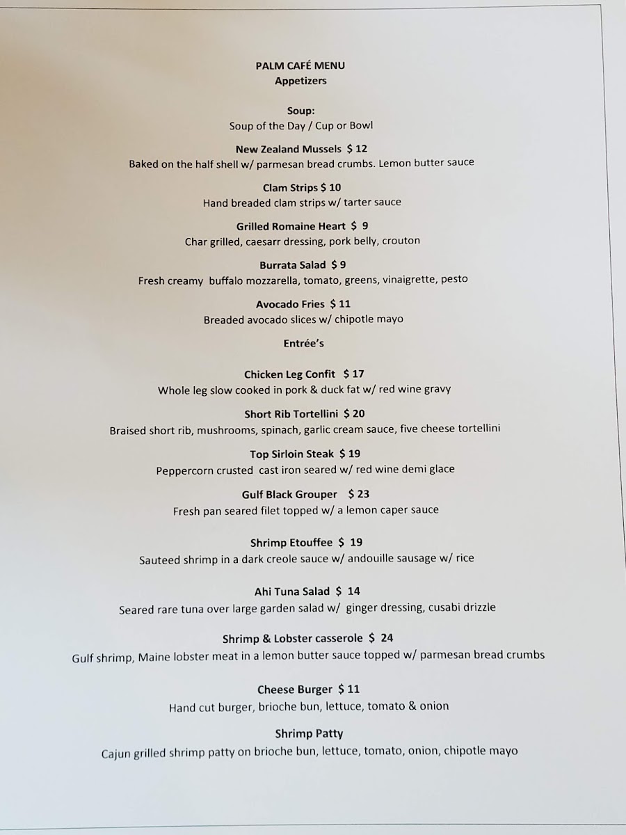 Palm Cafe menu board