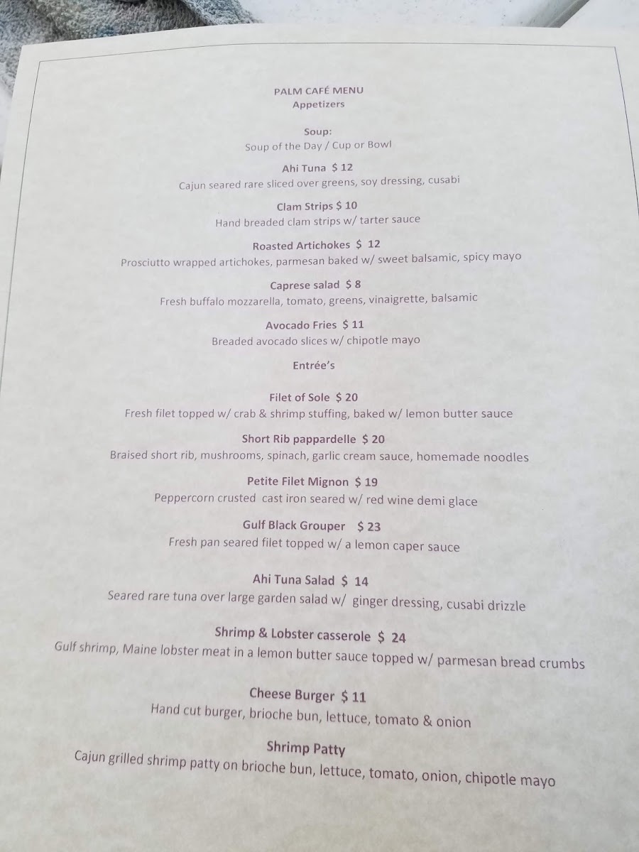 Palm Cafe menu board