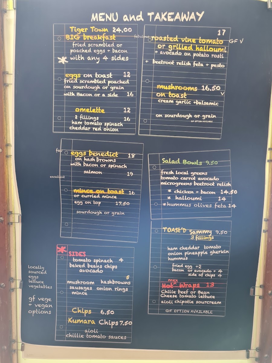 Tiger Town Cafe menu board
