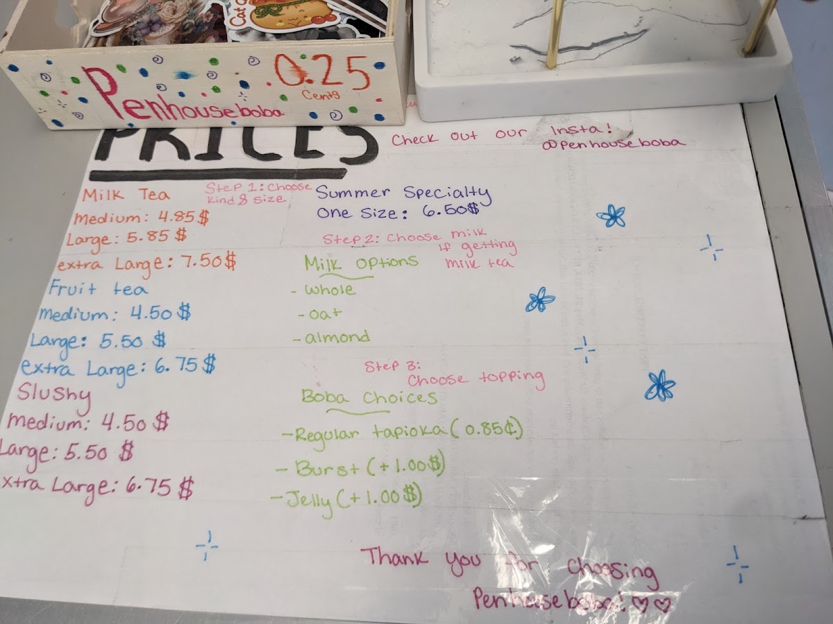 Pen House Boba menu board