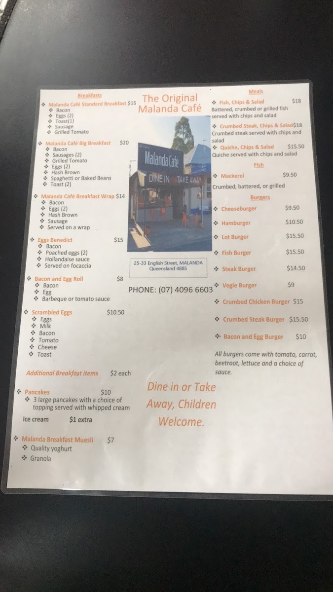 Malanda Cafe menu board