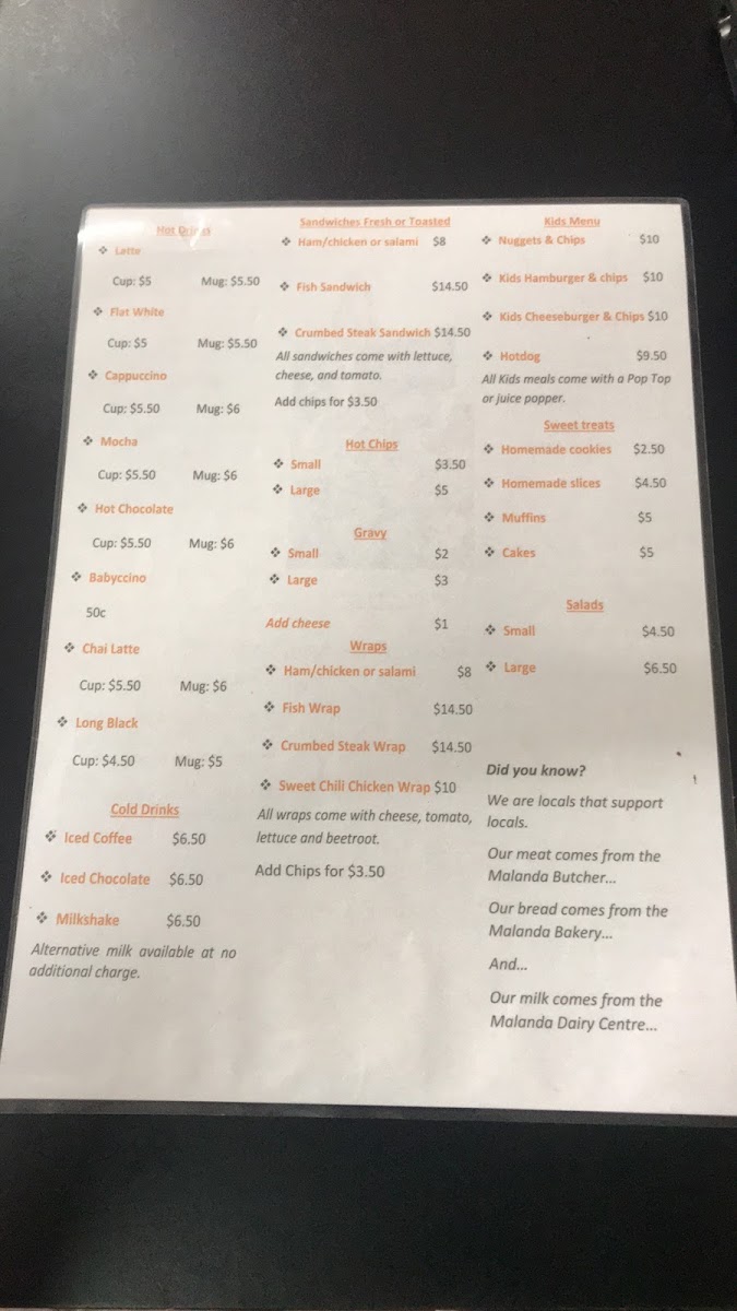 Malanda Cafe menu board