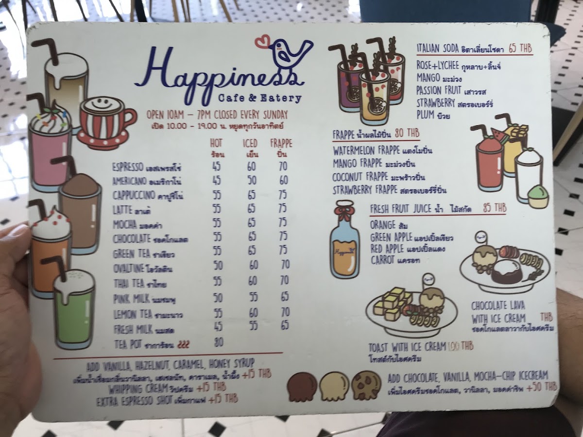 Happiness Cafe & Eatery menu board