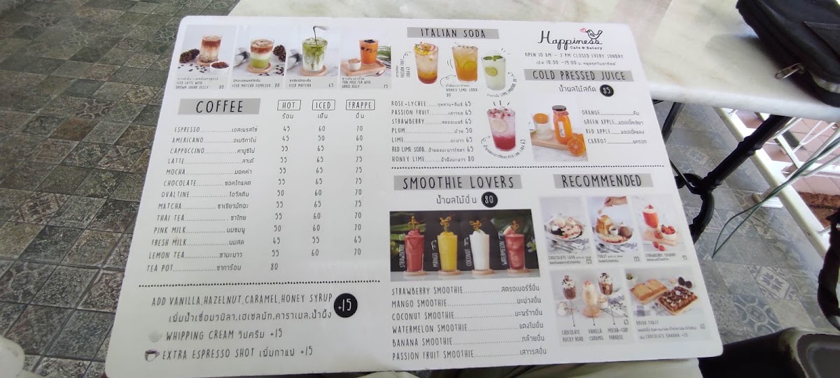 Happiness Cafe & Eatery menu board