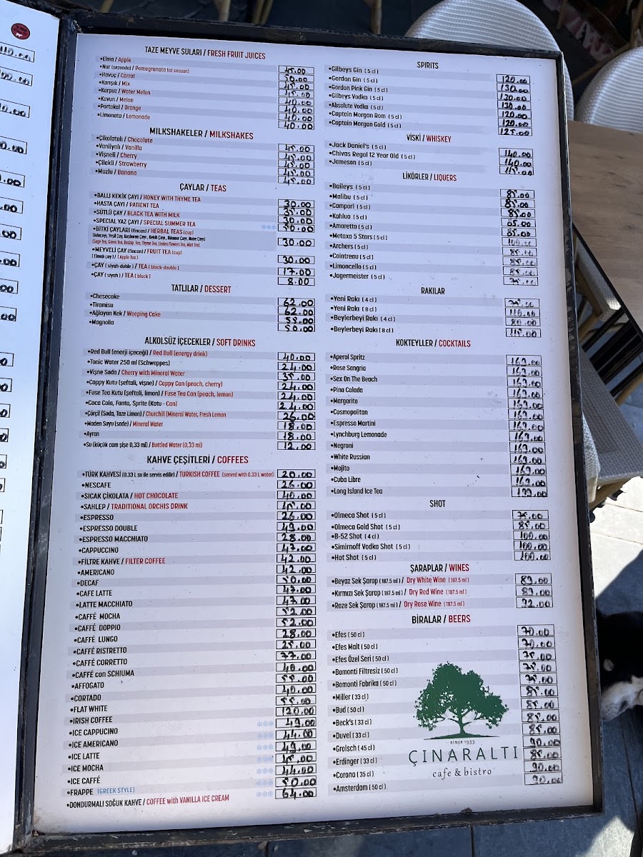 Çınaraltı Cafe & Bistro menu board