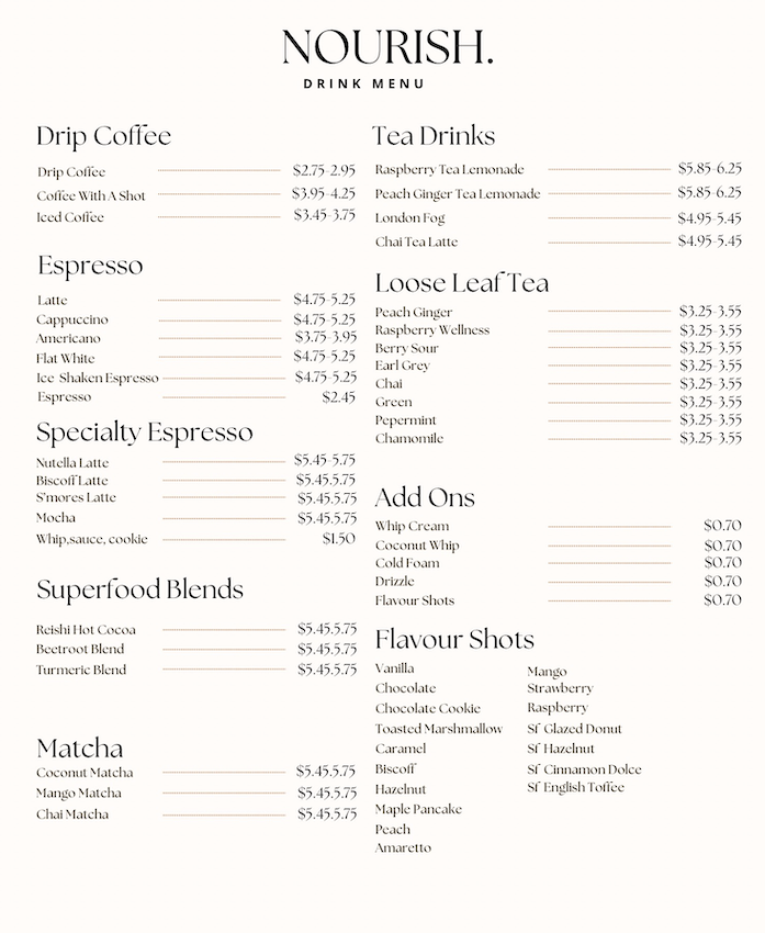 Nourish menu board