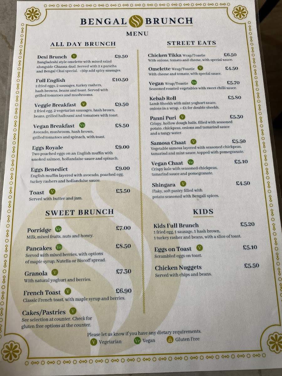 Bengal Brunch menu board