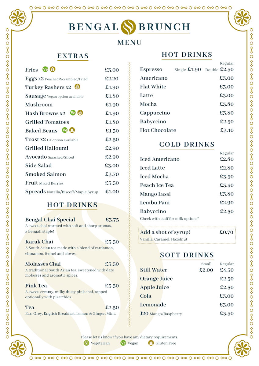 Bengal Brunch menu board