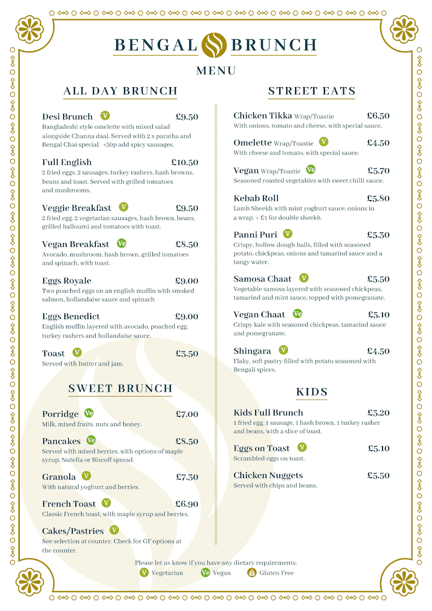 Bengal Brunch menu board