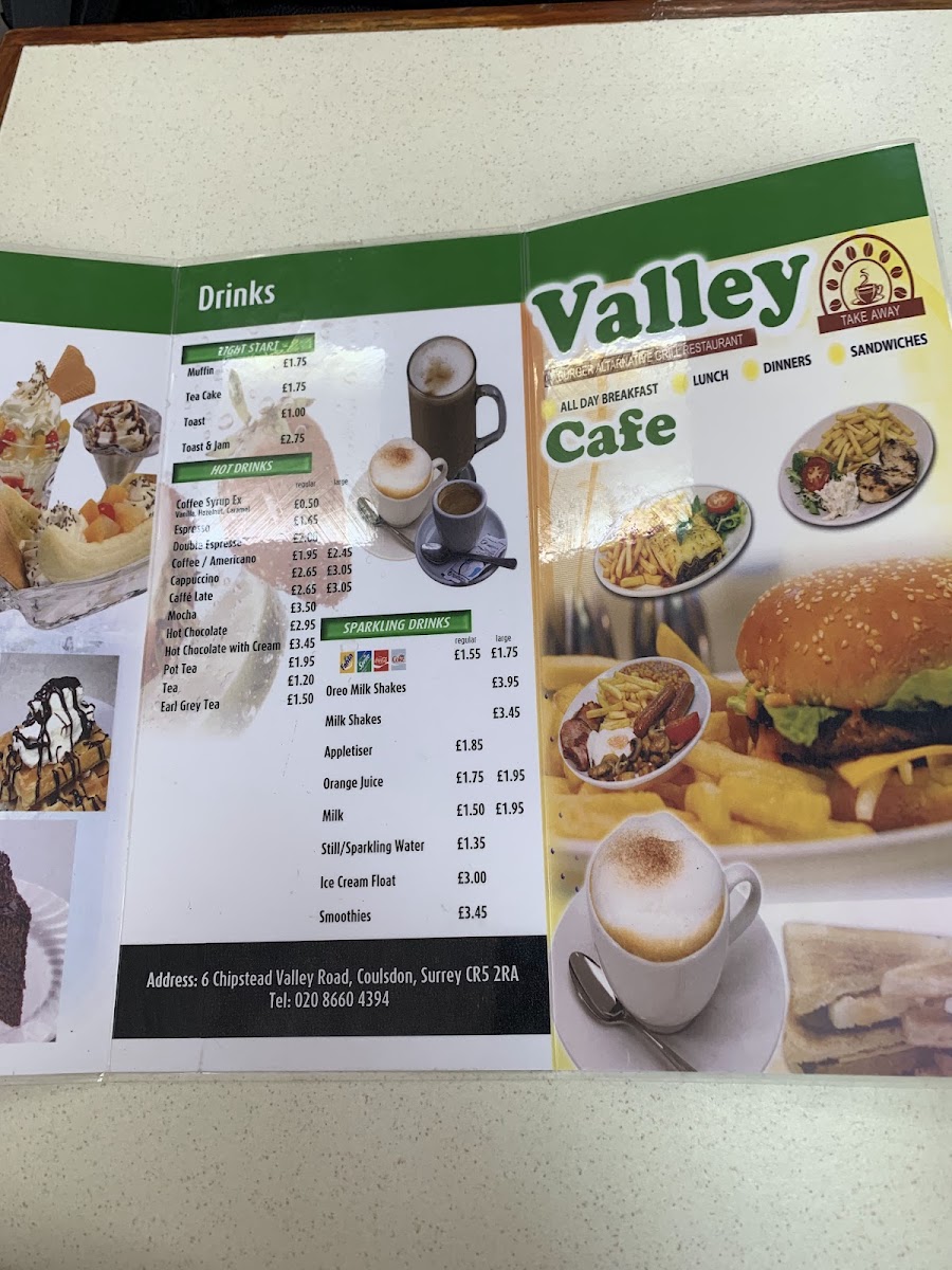 Valley Cafe restaurant menu board