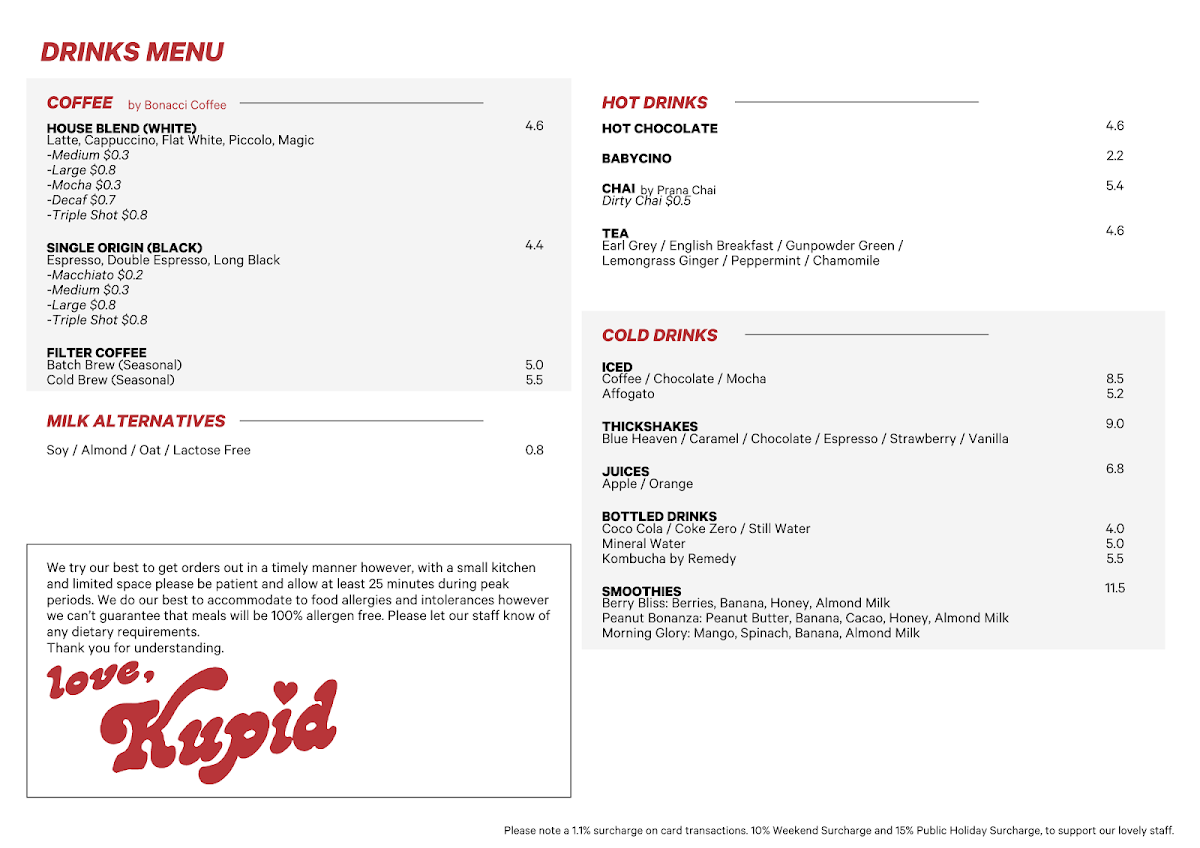 Kupid Espresso menu board