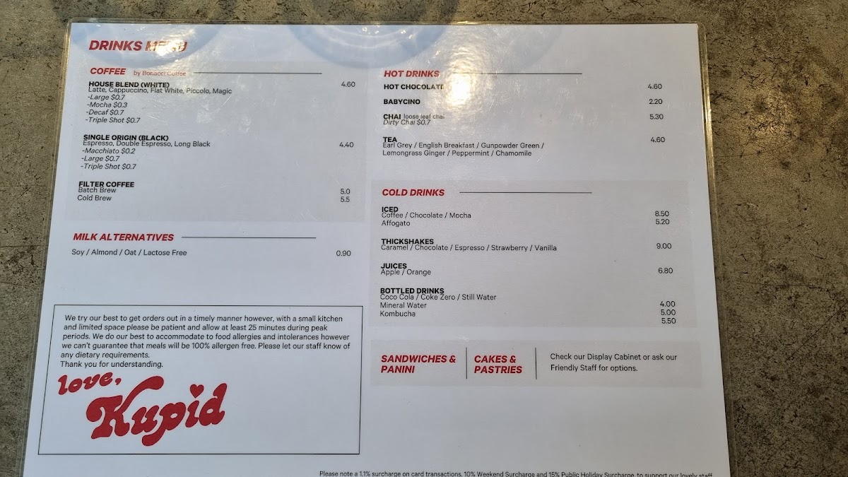 Kupid Espresso menu board