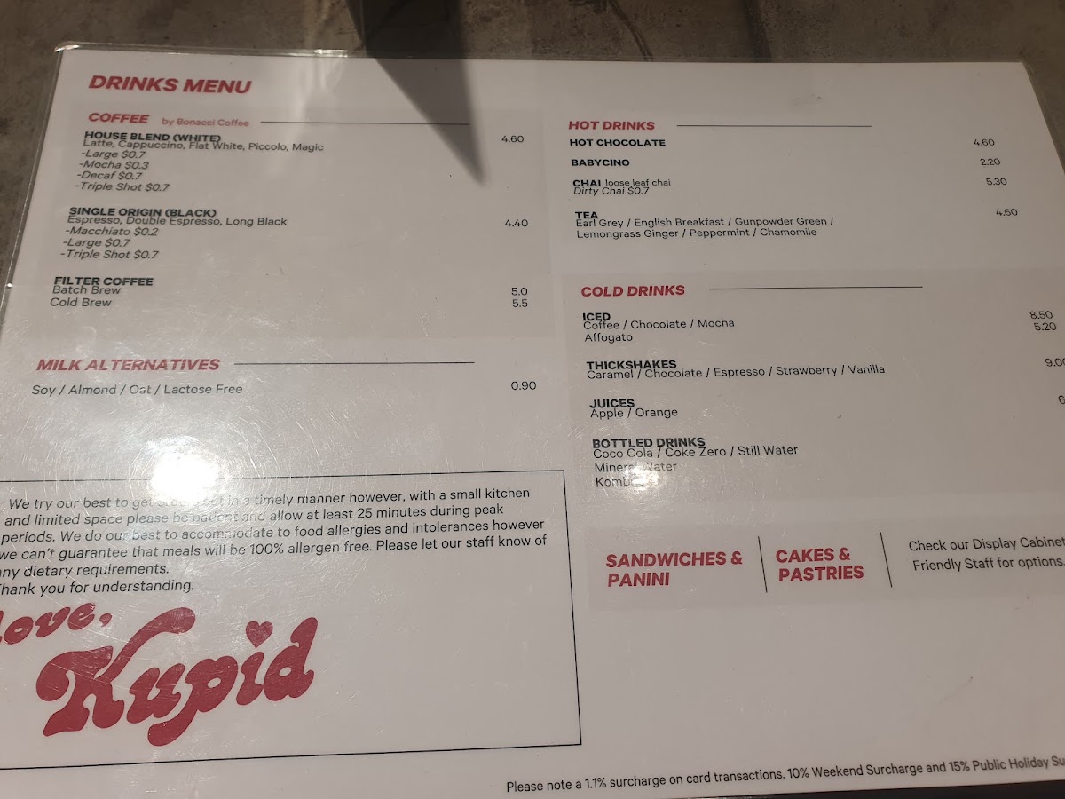 Kupid Espresso menu board