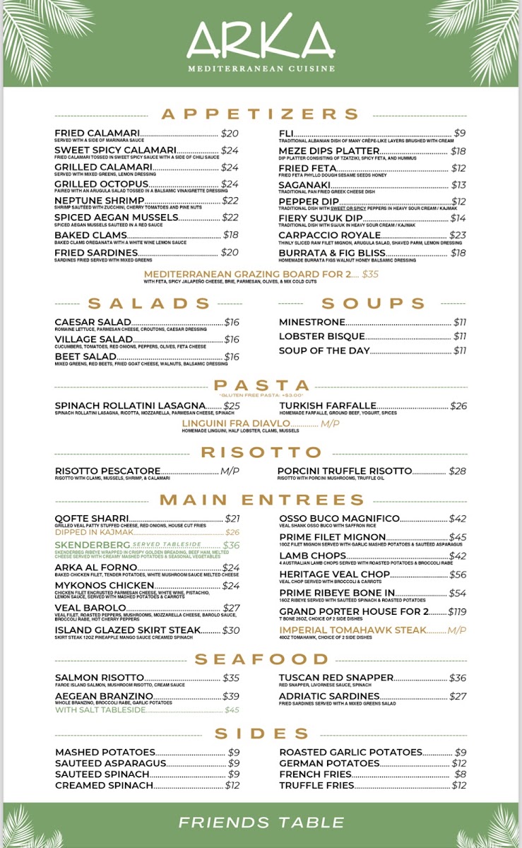 Arka Mediterranean menu board