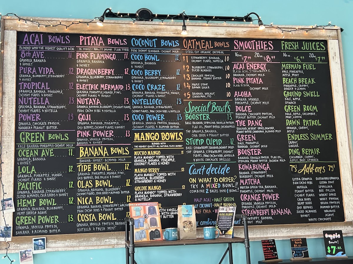 Playa Bowls menu board