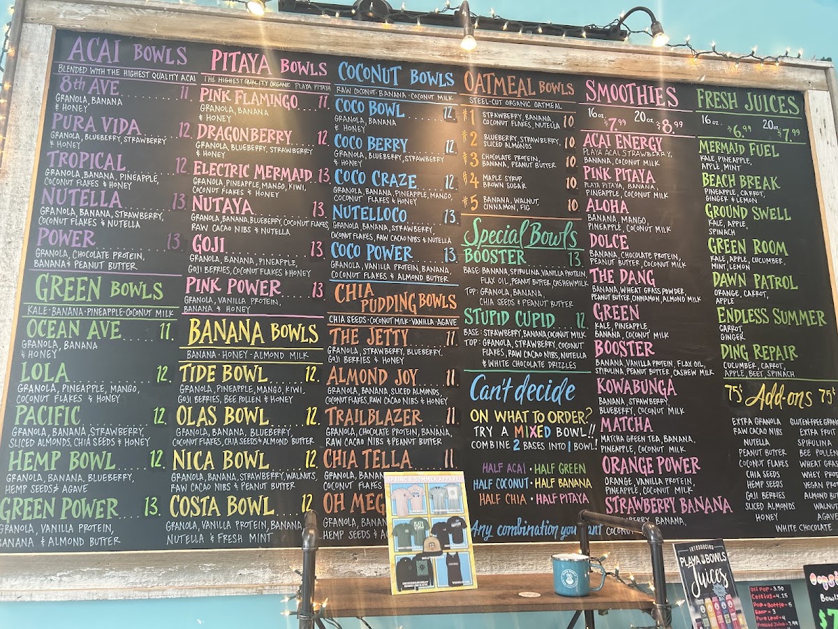 Playa Bowls menu board