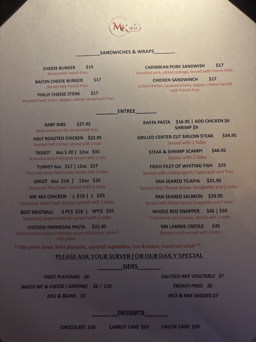 MK 463 Restaurant & Bar menu board