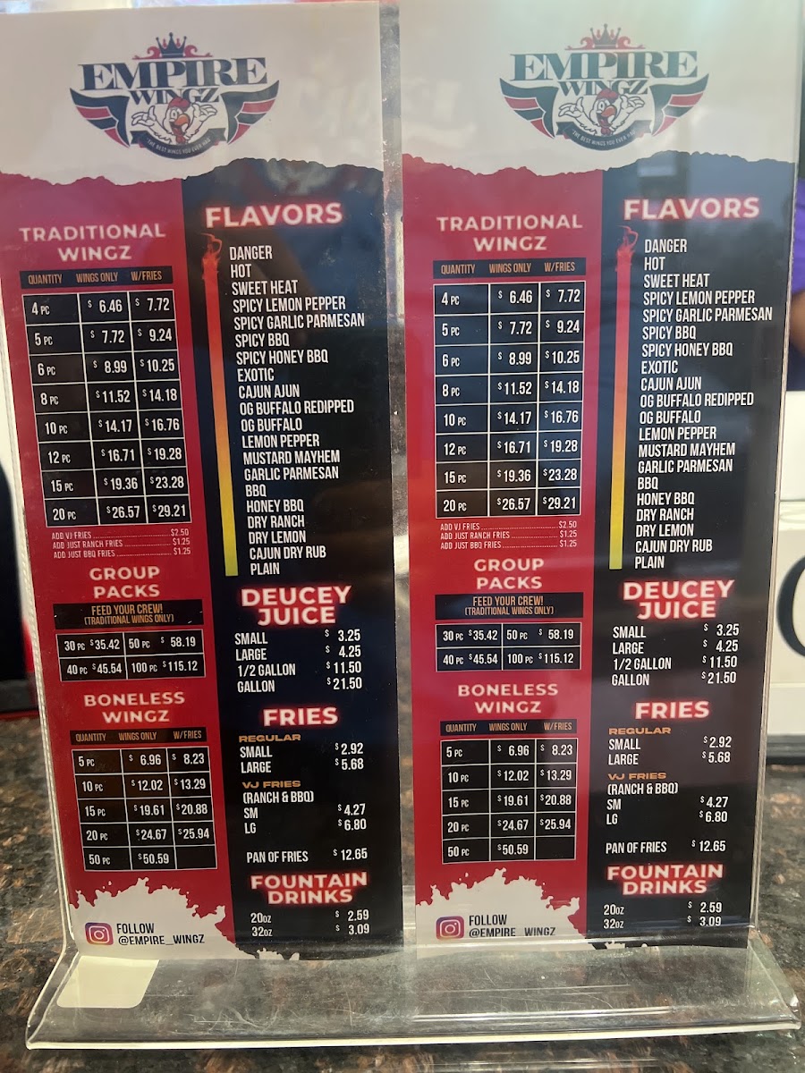 Empire Wingz Zachary menu board