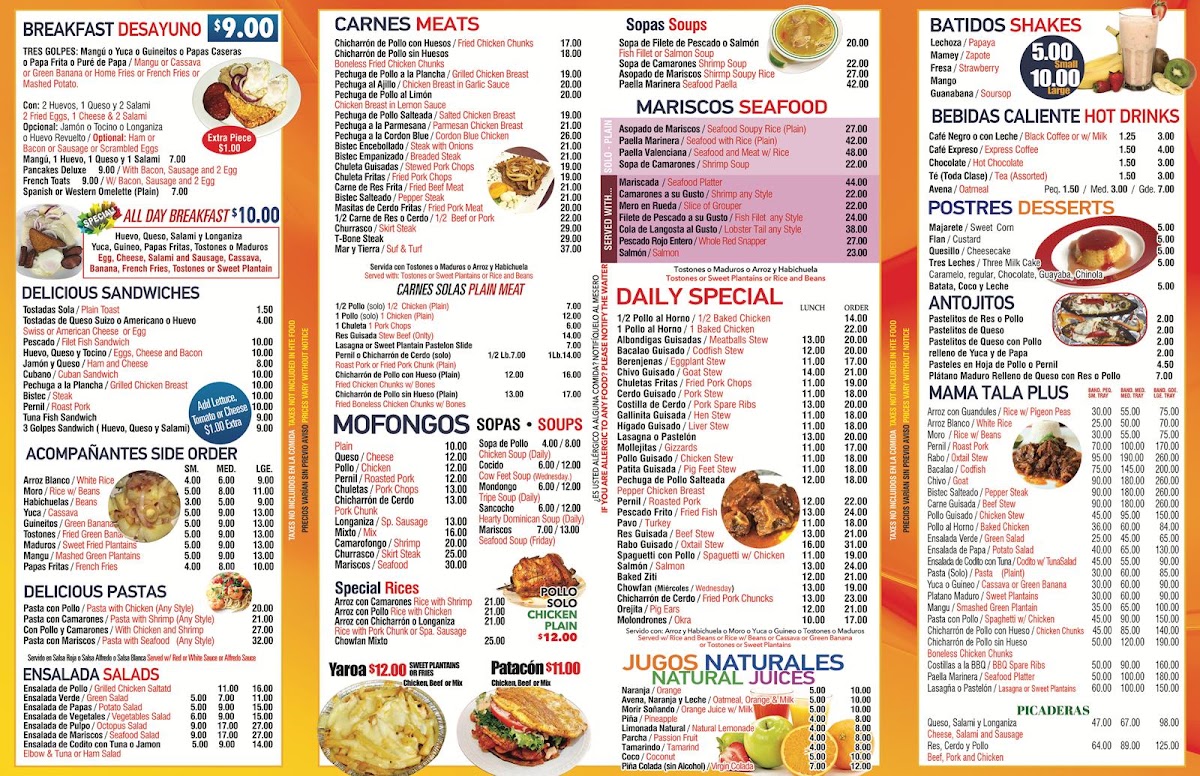 Mama Tala Restaurant menu board
