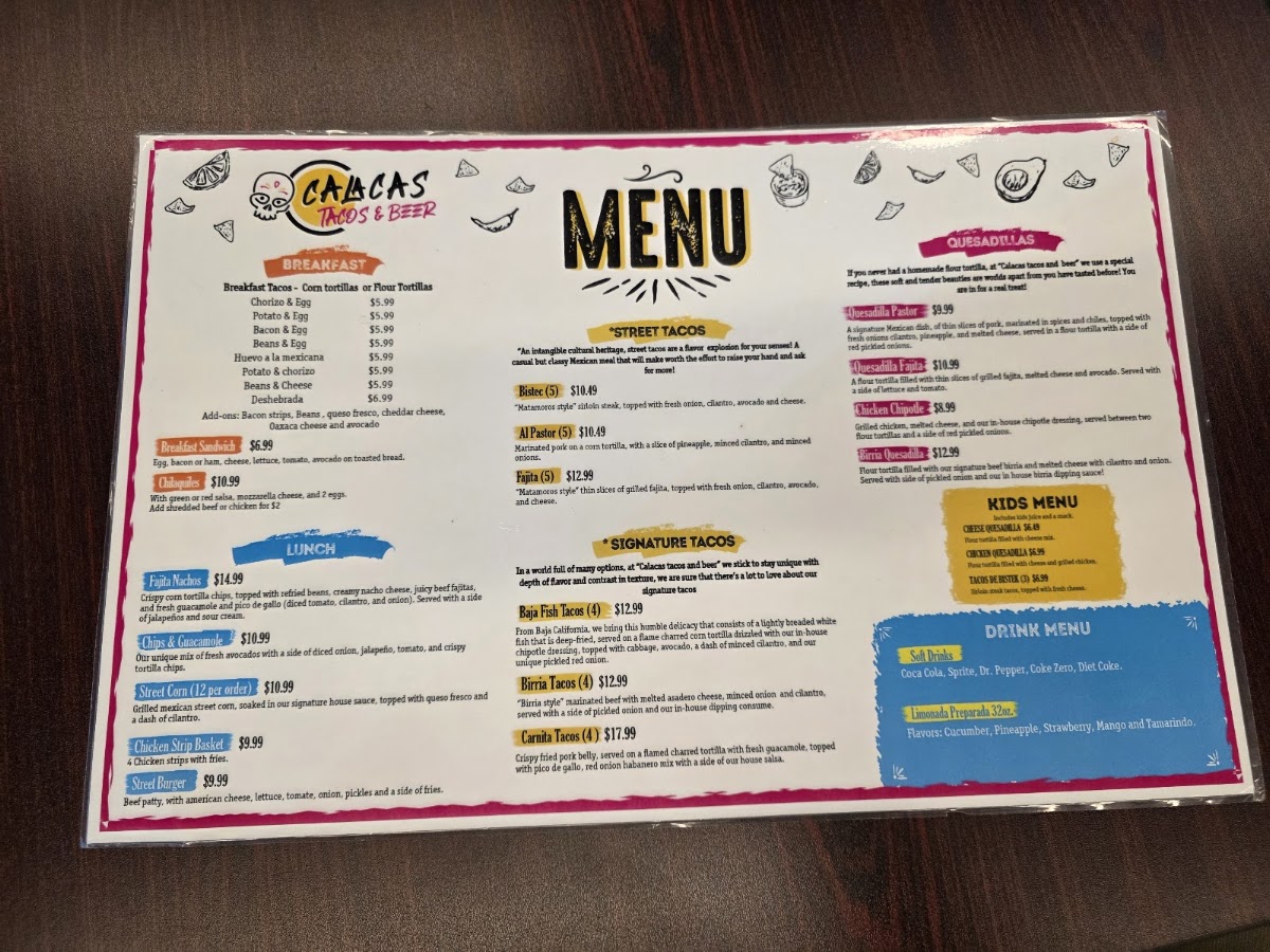 Calacas Tacos & Beer menu board