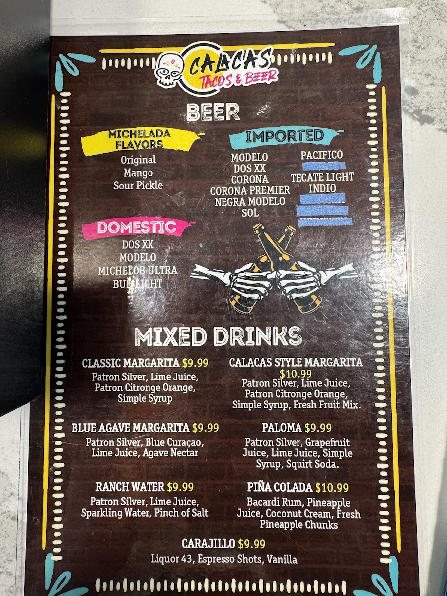 Calacas Tacos & Beer menu board