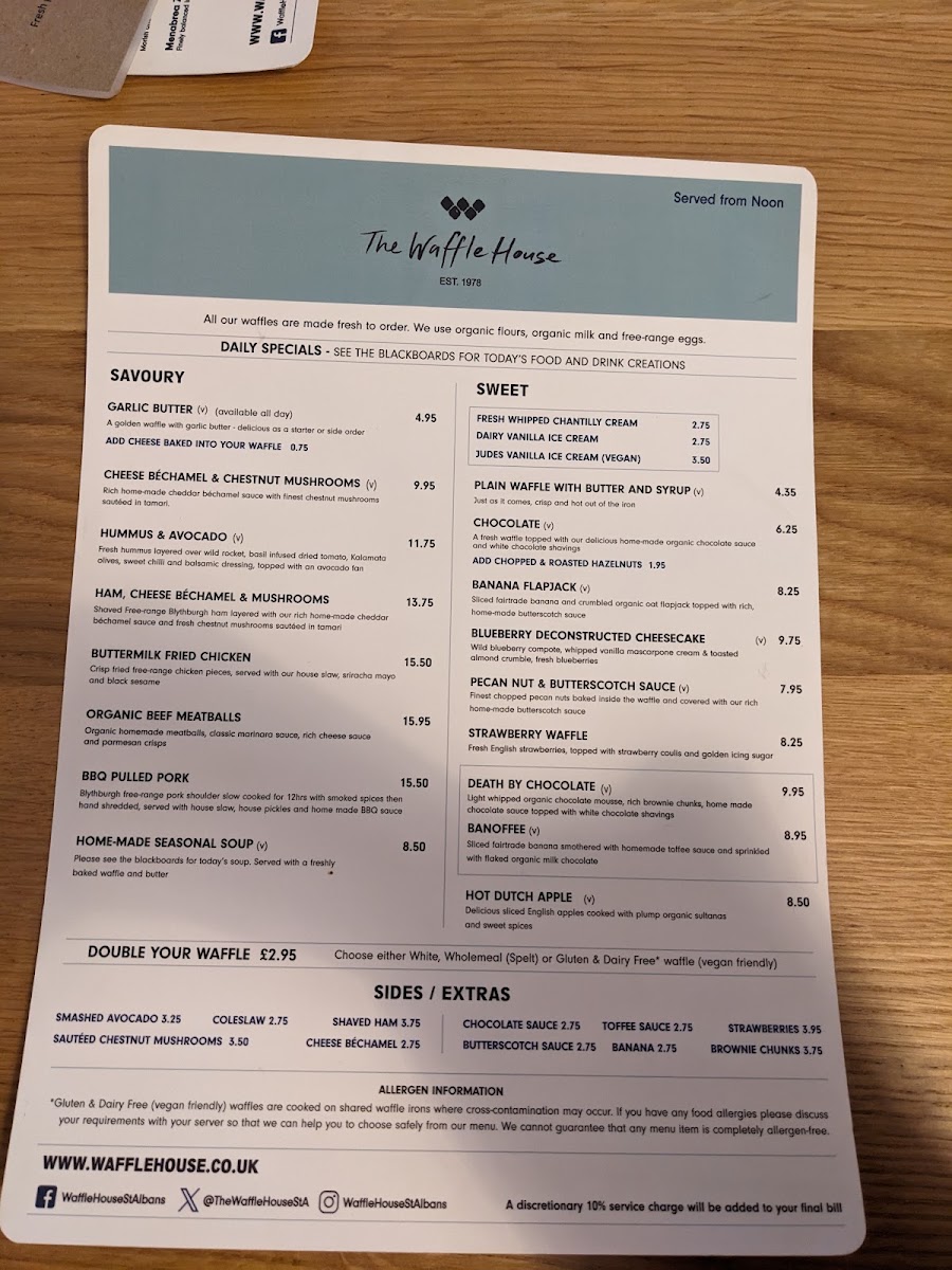 The Waffle House - Harpenden menu board