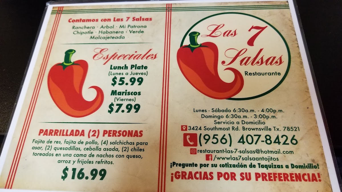 Las 7 Salsas Restaurante menu board