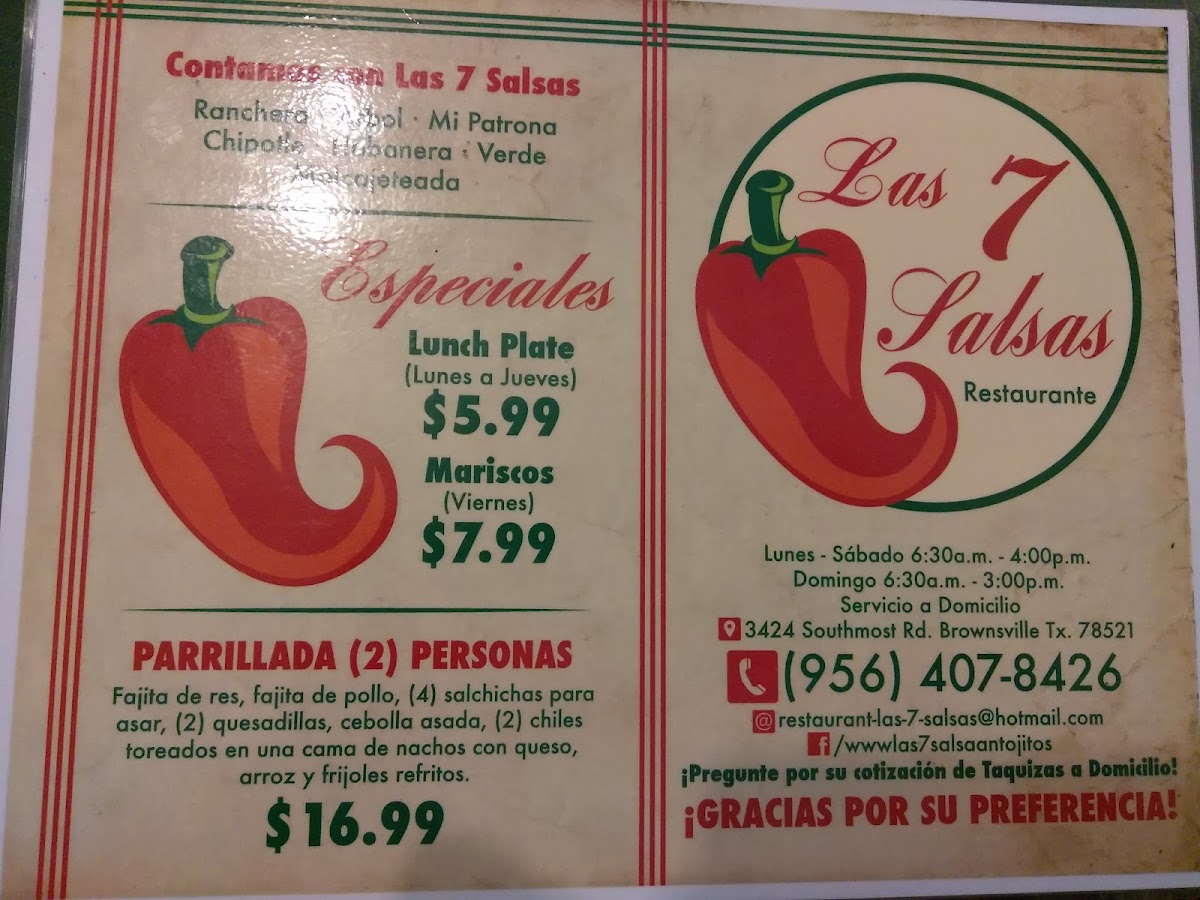 Las 7 Salsas Restaurante menu board