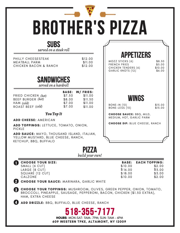 Brothers Pizza menu board