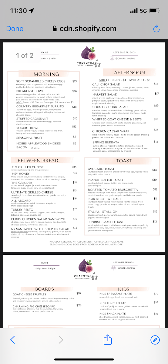 Charming Fig menu board