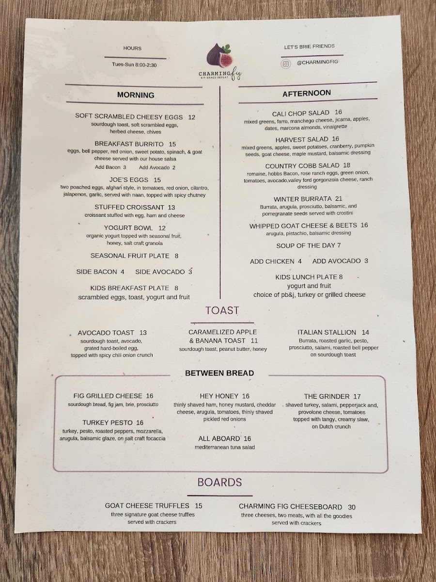 Charming Fig menu board