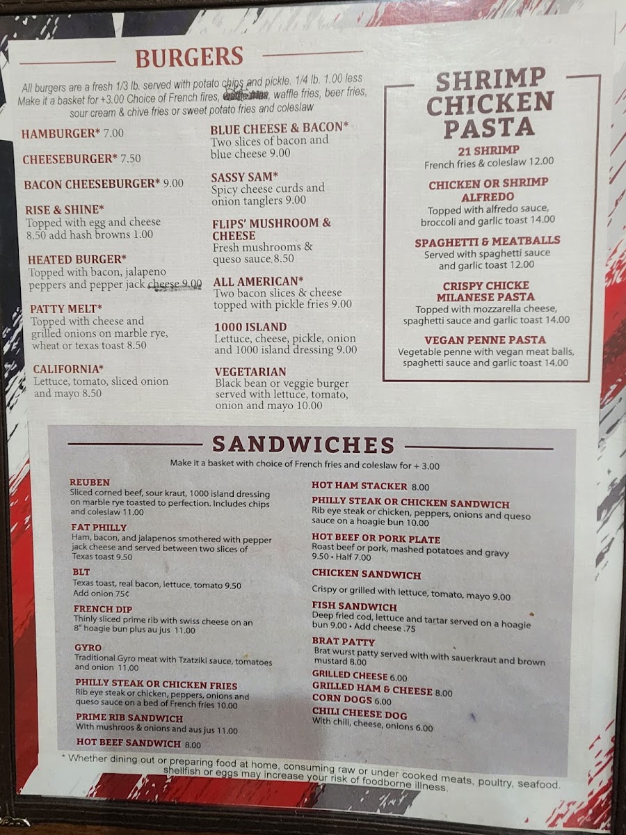 Sam's Place & Diner menu board