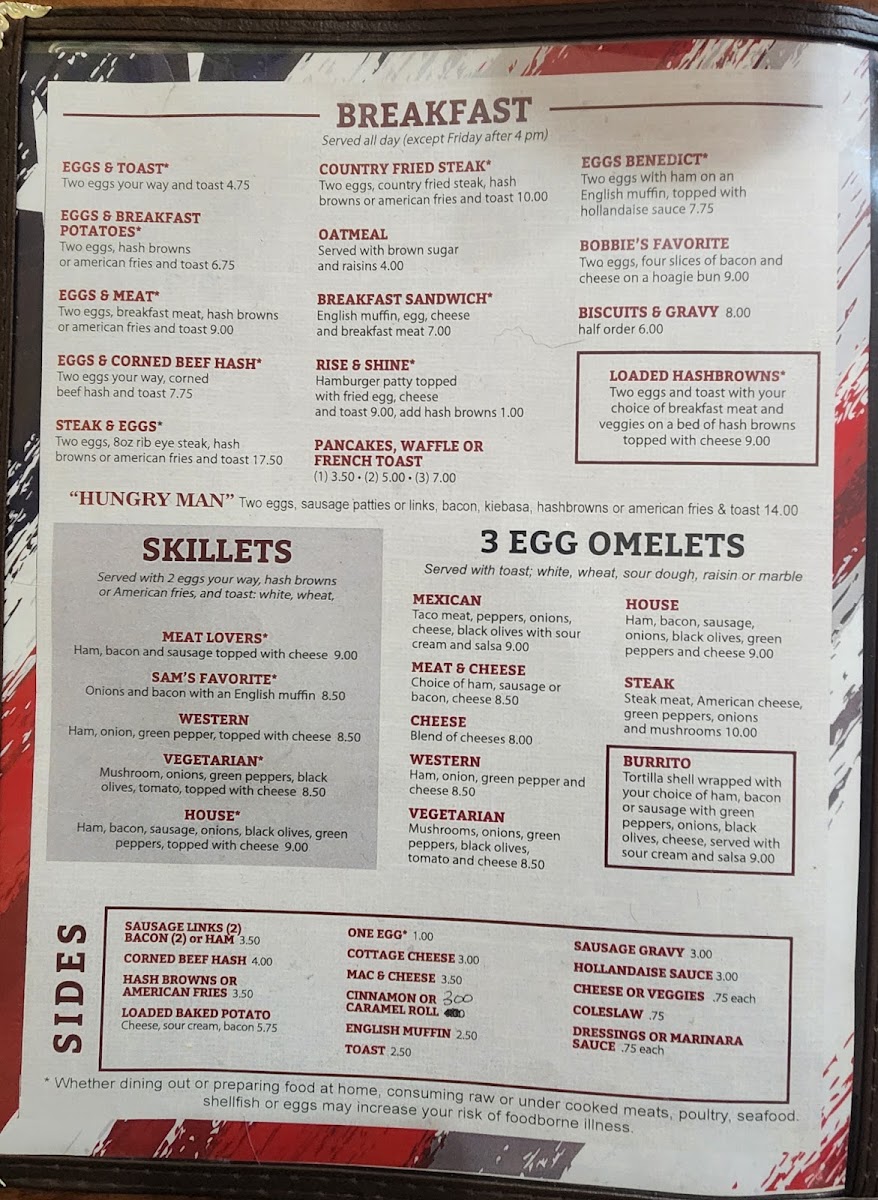 Sam's Place & Diner menu board