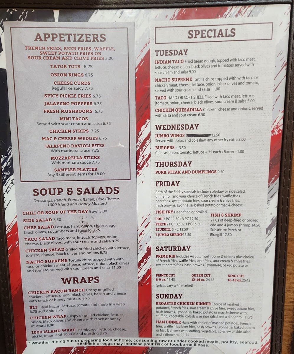 Sam's Place & Diner menu board