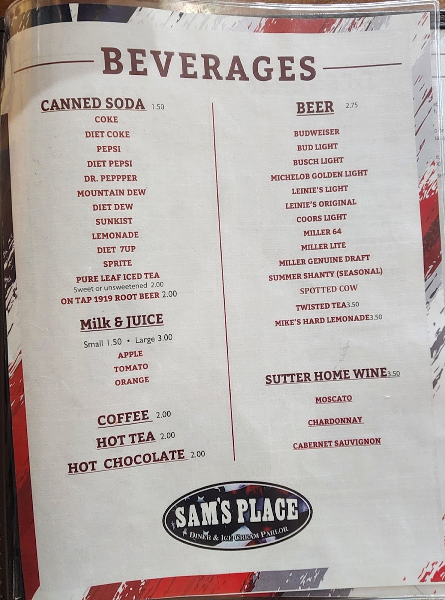 Sam's Place & Diner menu board