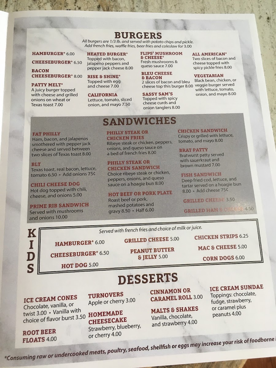 Sam's Place & Diner menu board