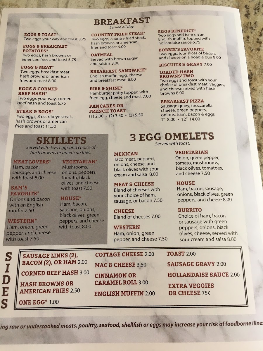 Sam's Place & Diner menu board
