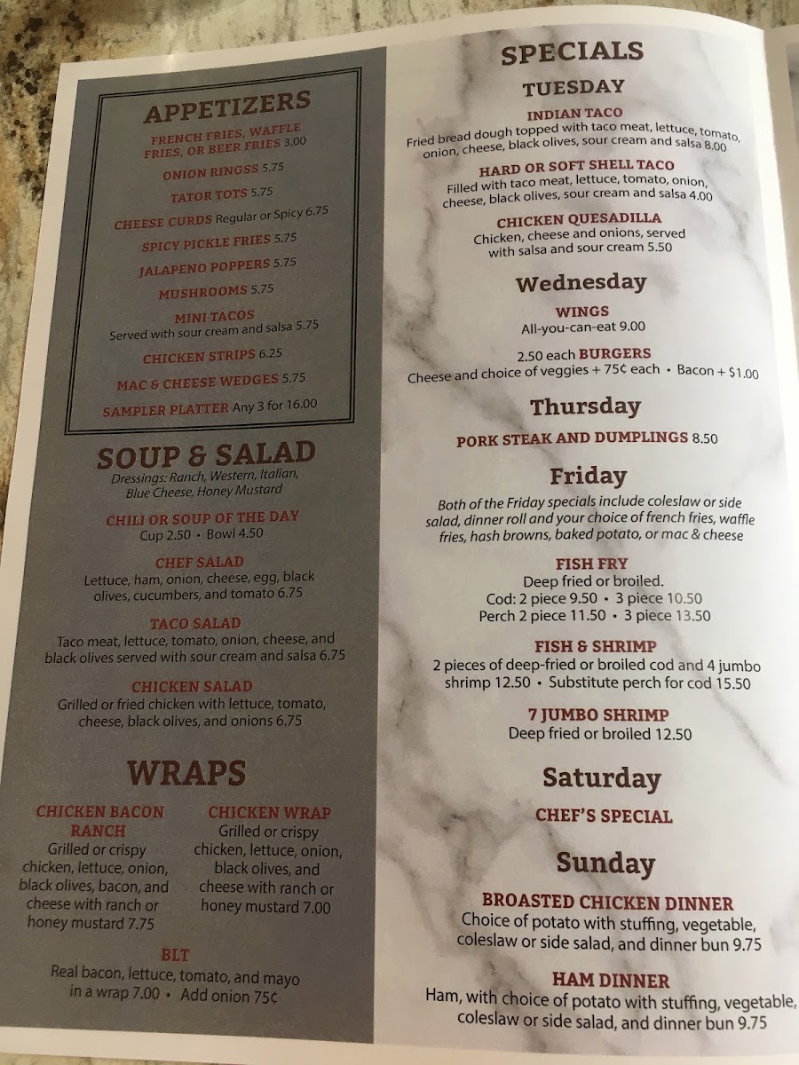 Sam's Place & Diner menu board