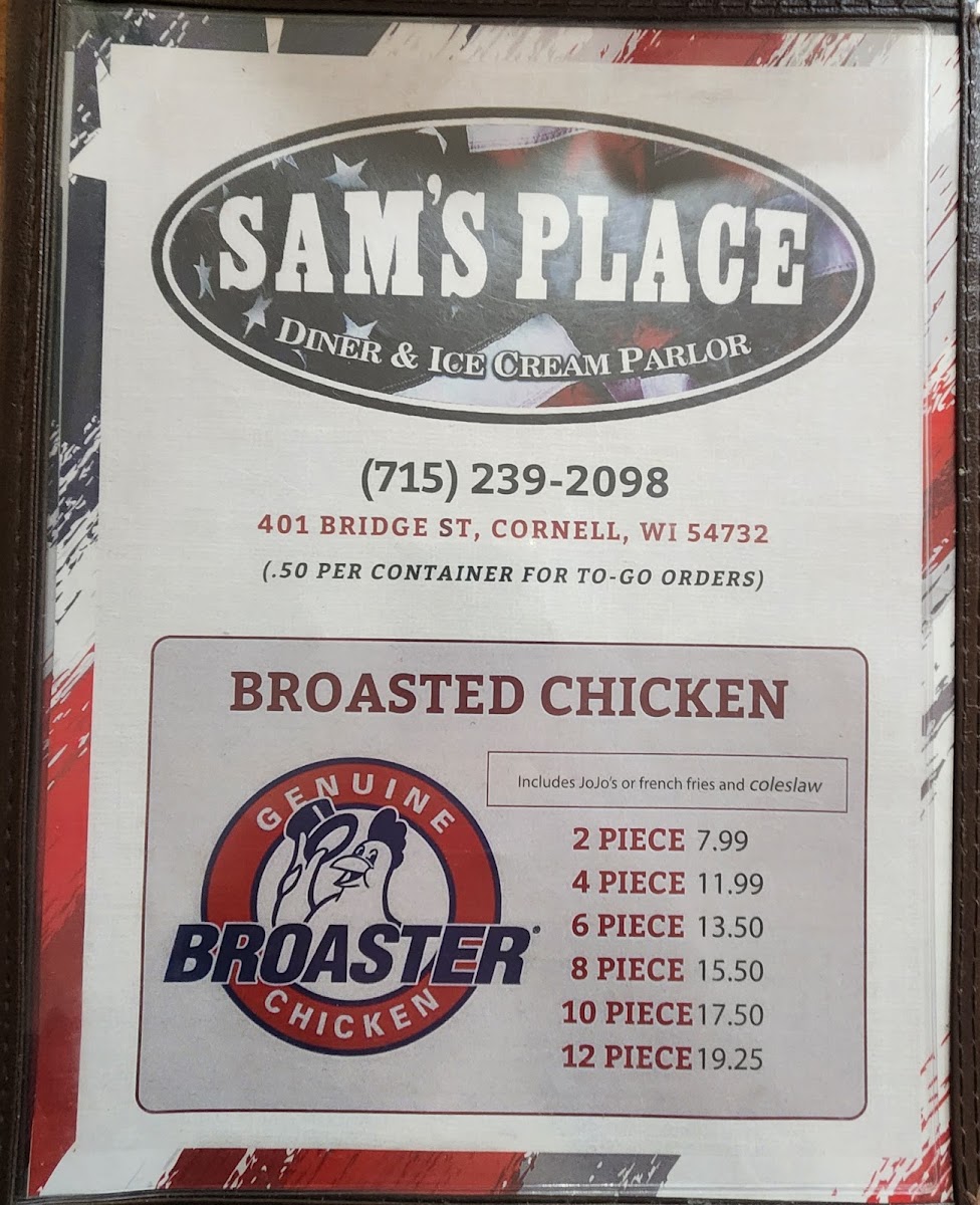 Sam's Place & Diner menu board