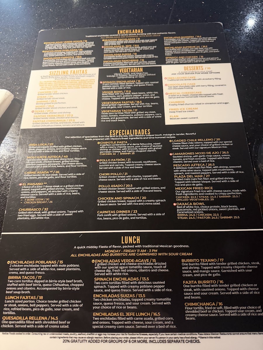 Plaza Azteca East Windsor menu board