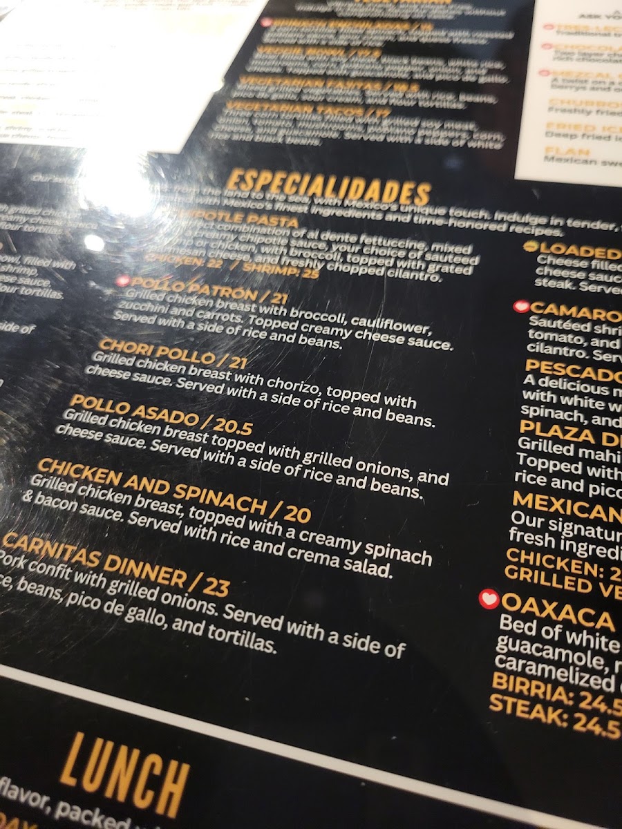 Plaza Azteca East Windsor menu board