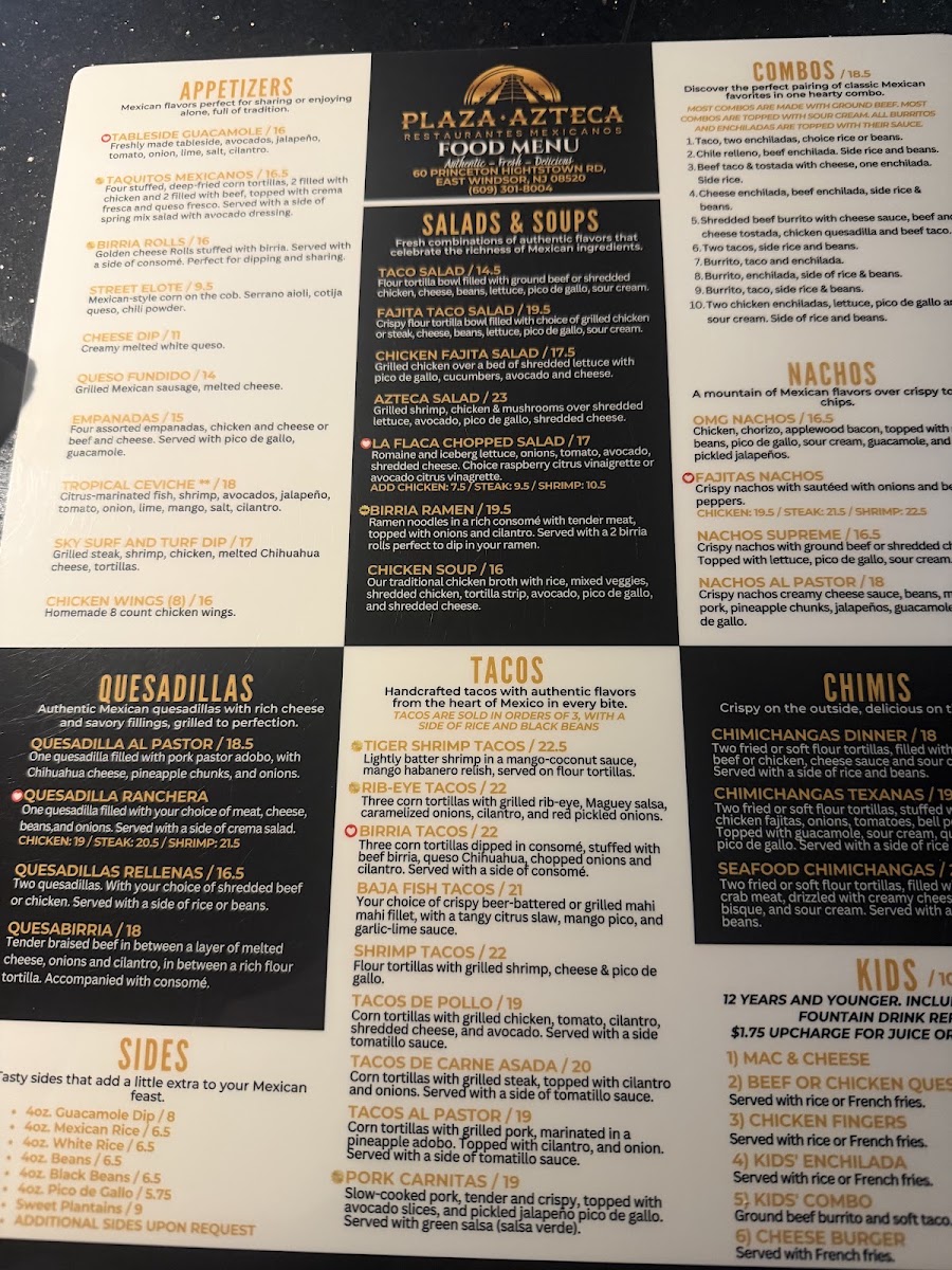 Plaza Azteca East Windsor menu board