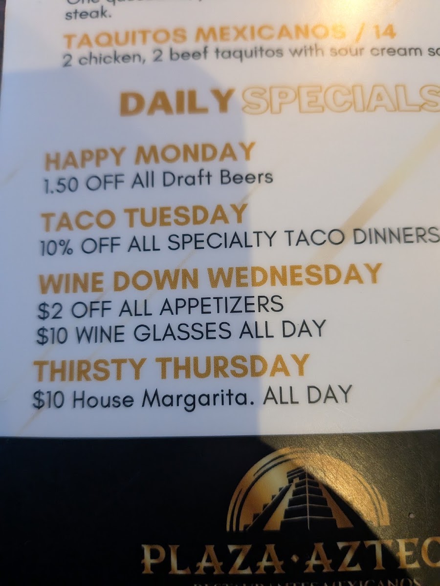 Plaza Azteca East Windsor menu board