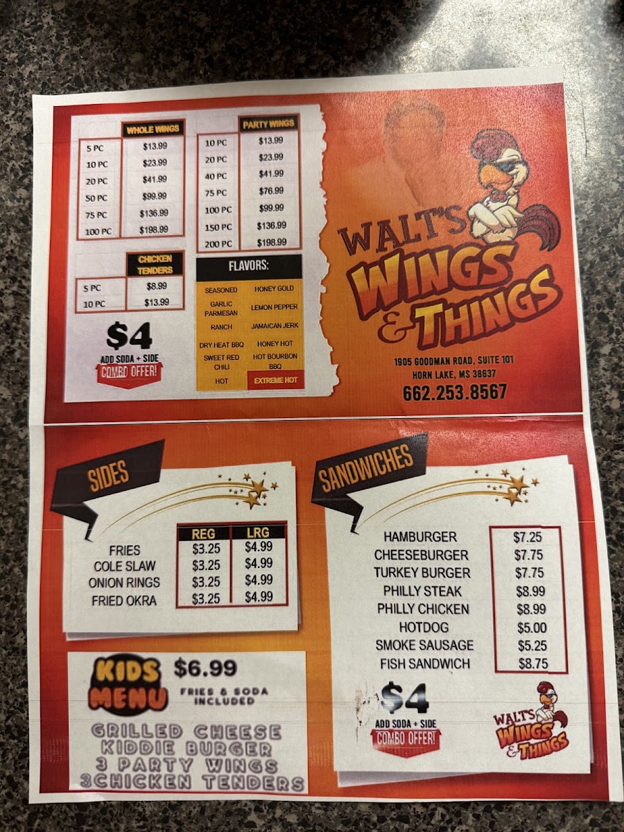 Walt's Wings & Things menu board