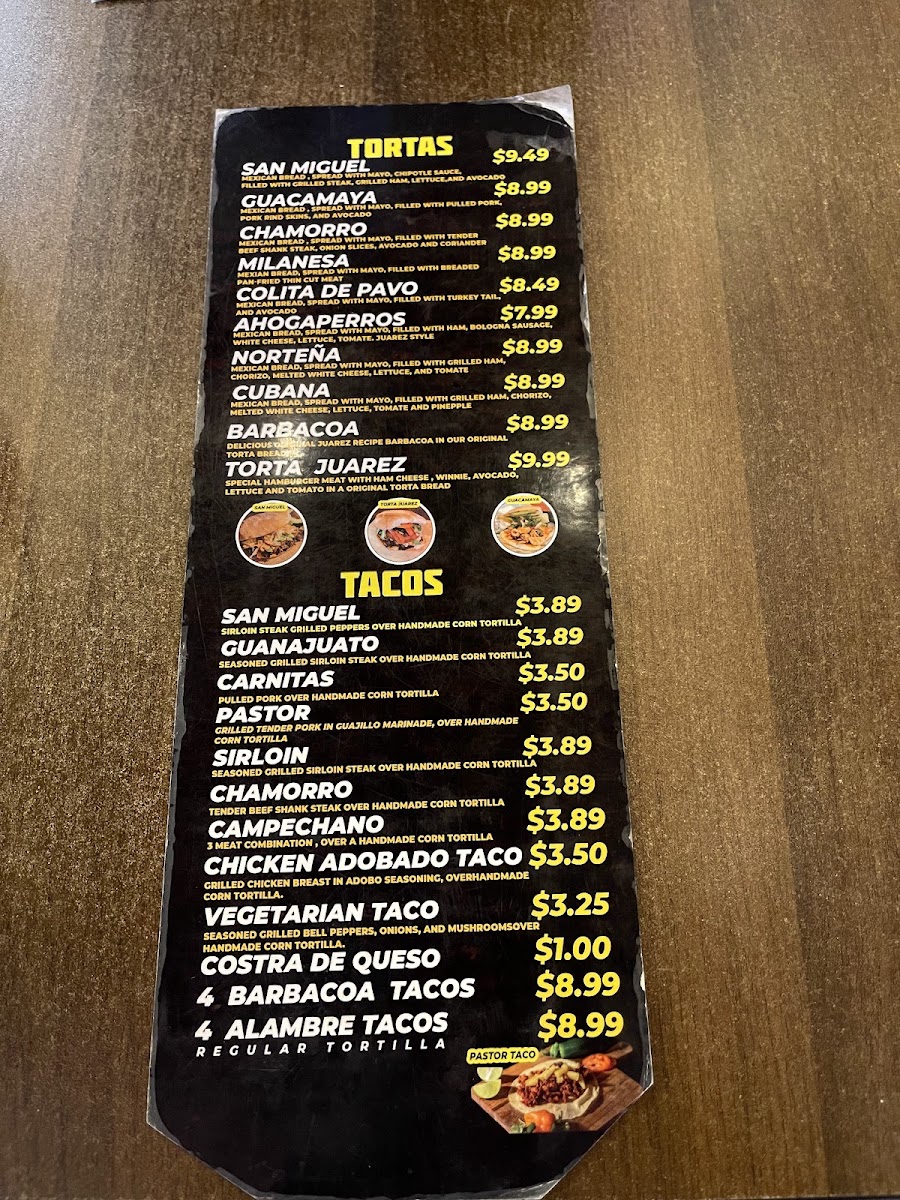 San Miguel Taqueria & Torteria menu board