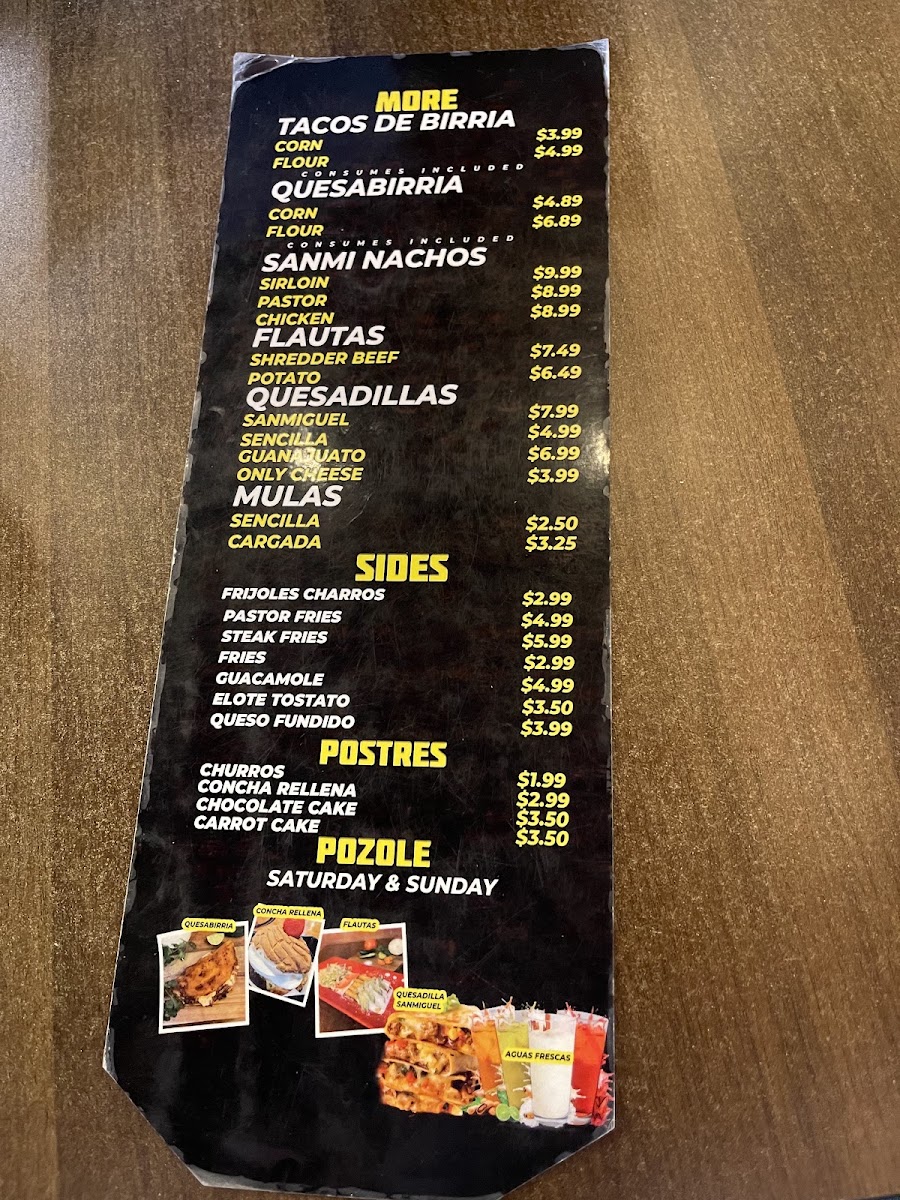 San Miguel Taqueria & Torteria menu board